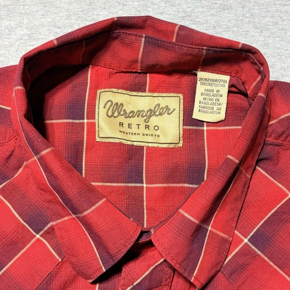 Wrangler Retro Shirt 2XLT Blue Red Western Pearl Snap Sawtooth Pocket - Mens 2XT